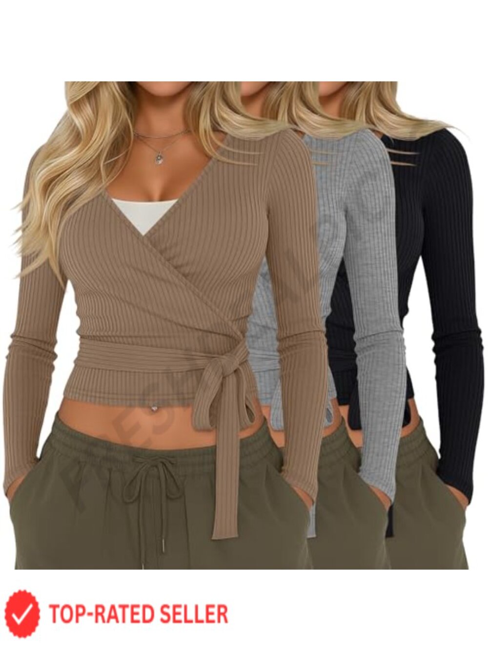 3 Pack Womens Cotton Ribbed Knit Cross Wrap V Neck Long Sleeve Fitted Crop Top
